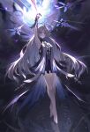  1girl absurdres arm_up armpits bare_shoulders barefoot black_dress blonde_hair blue_eyes breasts chibi chinese_commentary commentary_request crown_of_thorns dress feet fleurdelys_(wuthering_waves) hair_spread_out highres horns large_breasts legs long_hair looking_at_viewer pointy_ears presenting_armpit revision single_horn solo tabard toes very_long_hair white_tabard wuthering_waves yellow_horns zxcould23 