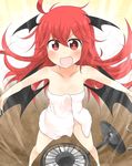  1girl :d ahoge bat_wings blush breasts cleavage collarbone commentary_request electric_fan fanning_crotch head_wings koakuma long_hair looking_at_viewer naked_towel nobamo_pieruda open_mouth outstretched_arms red_eyes red_hair small_breasts smile solo touhou towel v-shaped_eyebrows wings 