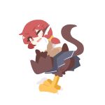  1girl animal_ears big_o_pants bird_ears bird_legs bird_tail black_skirt blush_stickers brown_feathers brown_sweater_vest brown_wings commentary feathers fio-chan_(big_o_pants) hair_between_eyes harpy long_hair looking_at_viewer monster_girl no_lineart one_eye_closed open_mouth original red_eyes red_hair shirt skirt solo sweater_vest tail talons transparent_background white_shirt winged_arms wings 