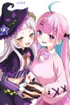  2girls :d ahoge black_capelet black_hat black_skirt blue_hair blush bow braid breasts brown_gloves capelet collared_shirt commentary crop_top dress_shirt gloves grey_hair hair_ornament hairclip half-closed_eyes hat highres holding_hands hololive interlocked_fingers kiritoma long_hair long_sleeves medium_breasts minato_aqua minato_aqua_(school_uniform) multicolored_hair multiple_girls murasaki_shion murasaki_shion_(1st_costume) orange_eyes pink_bow pink_hair pink_skirt pink_sweater plaid_bow plaid_clothes plaid_skirt pleated_skirt purple_eyes purple_shirt school_uniform shirt signature simple_background skirt smile streaked_hair striped_clothes striped_shirt sweater tilted_headwear two-tone_hair v-shaped_eyebrows vertical-striped_clothes vertical-striped_shirt very_long_hair virtual_youtuber white_background white_shirt witch_hat x_hair_ornament 