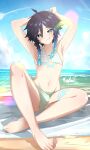  1boy absurdres alternate_costume armpits arms_up artist_name barefoot bikini blue_hair blue_sky blush braided_sidelocks bulge closed_mouth crossdressing crossed_ankles day feet genshin_impact gradient_hair green_bikini green_eyes hair_between_eyes highres knee_up legs licking_lips male_focus marky_evan multicolored_hair nail_polish navel outdoors short_hair_with_long_locks sitting sky solo striped_bikini striped_clothes swimsuit toenail_polish toenails toes tongue tongue_out trap venti_(genshin_impact) 