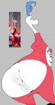 2025 absurd_res animal_genitalia animal_vulva anthro anus big_anus big_butt biped black_eyes black_text blue_hair blush bodily_fluids bodysuit bottom_heavy butt butt_cutout clothed clothed_anthro clothed_female clothing cutout dr._seuss english_text equine_anus equine_genitalia equine_vulva female female_anthro flat_chested genitals grey_background hair hi_res huge_butt long_neck looking_back mmuhu puffy_anus red_bodysuit red_clothing red_skinsuit reference_image simple_background skinsuit snout solo standing sweat sweaty_butt text text_on_clothing the_cat_in_the_hat thing_5 tight_clothing unknown_species white_body white_vulva wide_eyed