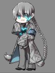  1girl :3 armband blue_eyes chibi coat crystal e.g.o_(project_moon) employee_(project_moon) grey_armband grey_background grey_coat grey_jacket grey_pants highres jacket lobotomy_corporation looking_at_viewer nugget_(project_moon) pants project_moon simple_background solo sound_of_a_star_(e.g.o) yatsumeunagi 