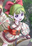 1girl :d arm_up blunt_bangs bow colored_skin commentary_request cowboy_shot dragon_quest dragon_quest_x dress fairy_wings floating_clothes floating_hair floral_print furisode_sleeves fuura_(dq10) green_hair hair_bow hijirino_yuuta japanese_clothes leaf looking_at_viewer official_alternate_costume pointy_ears ponytail purple_eyes purple_skin red_bow riding smile solo wide_sleeves wings 