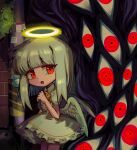  angel angel_wings blue_hair colored_inner_hair cowboy_shot dress english_commentary extra_eyes feathered_wings grey_dress grey_hair grey_wings halo highres long_hair looking_at_viewer monster multicolored_hair original outdoors red_eyes satanmanse solo wings 