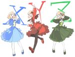  3girls :d :o ;d absurdres arm_up ascot black_ascot black_dress black_eyes black_pantyhose black_shoes blonde_hair blue_dress dress full_body hair_ornament highres long_sleeves looking_at_viewer multiple_girls multiple_persona official_alternate_costume one_eye_closed open_mouth pantyhose pokemon pokemon_masters_ex red_dress red_shoes serena_(pokemon) serena_(sygna_suit)_(pokemon) shoes short_hair smile u4_99384295 v white_ascot white_background white_pantyhose white_shoes x_fingers 
