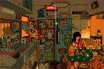  1girl absurdly_detailed_composition asagi_iro bag barefoot basket black_hair black_sailor_collar black_socks cabinet calico_(pattern) calico_cat cat ceiling_light chair checkered_tablecloth commentary_request cutting_board doorway drawer english_text facing_away faucet floral_print glass_bottle glass_jar hand_fan hand_up highres holding_candy_apple indoors ketchup_bottle kettle kitchen knife loaded_interior long_hair looking_ahead magnet mustard_bottle neckerchief note on_chair open_bag original paper_fan pet plastic_bottle plate poster_(object) radio radio_antenna red_neckerchief refrigerator refrigerator_magnet sailor_collar sailor_shirt school_bag school_uniform serafuku shirt sink sitting soap_bottle socks solo soy_sauce_bottle spatula string_of_light_bulbs stuffed_animal stuffed_toy table tablecloth toaster towel unworn_socks wall_lamp white_shirt wide_shot 