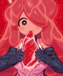 1girl apron black_gloves brown_eyes colored_skin eating english_commentary flesh food freckles gloves hair_over_one_eye highres looking_at_viewer meat original red_background red_hair red_skin rubber_gloves satanmanse solo turtleneck upper_body 