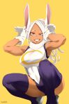  1girl abs absurdres animal_ears armpits artist_name biceps boku_no_hero_academia breasts dark-skinned_female dark_skin fur_trim gloves grey_shoes high_ponytail highleg highleg_leotard highres large_breasts leotard long_eyelashes long_hair looking_at_viewer mirko multicolored_leotard muscular muscular_female ponytail purple_leotard purple_thighhighs rabbit_ears rabbit_girl rabbit_pose shoes short_eyebrows signature sleeveless sleeveless_turtleneck sleeveless_turtleneck_leotard smile solo squatting stayaliveplz tan teeth thighhighs thighs tiptoes turtleneck turtleneck_leotard very_long_hair white_gloves white_hair white_leotard yellow_background 