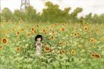  1girl black_hair dress field flower flower_field highres kazami_yuuka looking_at_viewer nihiru0513 original short_hair solo standing sunflower yellow_flower 