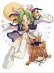  2girls animal_hat apron bell black_dress brown_hair cat_hat curtained_hair dejiko di_gi_charat dress fang gema green_eyes green_hair hat lolitamomoya mittens multiple_girls neck_bell open_mouth puchiko shoes white_apron white_mittens white_shoes 