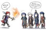  1girl 5boys blue_hair english father_and_daughter fire fire_emblem fire_emblem:_akatsuki_no_megami fire_emblem:_fuuin_no_tsurugi fire_emblem:_kakusei ike ike_(fire_emblem) krom krom_(fire_emblem) lucina lucina_(fire_emblem) marth marth_(fire_emblem) multiple_boys my_unit my_unit_(fire_emblem:_kakusei) nintendo red_hair roy_(fire_emblem) simple_background smile super_smash_bros. sword weapon white_hair |_| 