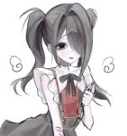  1girl ame-chan_(needy_girl_overdose) black_eyes black_hair boxcutter drawn_wings hair_ornament hair_over_one_eye highres holding holding_boxcutter implied_self-harm looking_at_viewer neck_ribbon needy_girl_overdose pao_(i_loxe_u) red_shirt ribbon self-harm shirt short_twintails skirt smile solo suspender_skirt suspenders twintails upper_body white_background winged_sleeves x_hair_ornament 