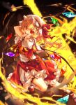  1girl ascot blonde_hair bloomers center_frills chinese_commentary commentary commentary_request fangs fire flaming_weapon flandre_scarlet frills hacko hat hat_ribbon highres laevatein_(touhou) long_hair looking_at_viewer mary_janes mob_cap open_mouth puffy_short_sleeves puffy_sleeves red_eyes red_ribbon red_shoes red_skirt red_vest ribbon shirt shoes short_sleeves skirt socks solo teeth torn_ascot torn_clothes torn_shirt torn_skirt torn_vest touhou vest weapon white_bloomers white_hat white_shirt white_socks wings 