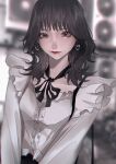  1girl aegyo_sal bag black_eyes black_hair black_ribbon blurry blurry_background center_frills closed_mouth collarbone commentary condenser_unit earrings eyelashes frills heart heart_earrings highres jewelry light_smile lipstick long_sleeves looking_at_viewer makeup mano_aaa medium_hair neck_ribbon original red_lips ribbon shirt shoulder_bag solo symbol-only_commentary upper_body white_shirt 