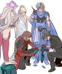 2girls 3boys armor bandana black_hair blonde_hair closed_eyes crystal dirge_of_cerberus_final_fantasy_vii dress earrings final_fantasy final_fantasy_ii final_fantasy_vi final_fantasy_vii final_fantasy_xv firion genesis_rhapsodos gloves grey_hair highres holding in-franchise_crossover jewelry long_hair lunafreya_nox_fleuret multiple_boys multiple_girls necklace newb_ff7r noctis_lucis_caelum open_mouth ponytail short_hair squatting standing terra_branford white_background white_dress 