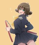  1girl akzk_kh black_skirt brown_hair dissidia_final_fantasy dissidia_final_fantasy_opera_omnia final_fantasy final_fantasy_viii flipped_hair green_eyes highres holding looking_at_viewer nunchaku pleated_skirt school_uniform selphie_tilmitt short_hair simple_background skirt smile solo weapon 