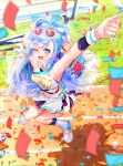  1girl absurdres armpit_crease armpits blue_eyes blue_hair breasts confetti eyewear_on_head flying_sweatdrops highres hololive hololive_indonesia kobo_kanaeru long_hair midriff multicolored_eyes multicolored_hair one_eye_closed open_mouth shoes skirt smile socks solo solo_focus sweat sweatdrop sweaty_armpits twitter_username very_sweaty virtual_youtuber zoru_pines 