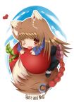  1girl 2000s_(style) animal_ears apple brown_hair chibi chibi_only commentary english_commentary food fruit heart holo long_hair looking_at_viewer maguro-chan one_eye_closed red_eyes smile solo spice_and_wolf tail tongue tongue_out wolf_ears wolf_girl wolf_tail 