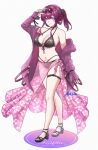  1girl alternate_costume belt bikini black_bikini breasts cleavage coat commentary_request eyewear_on_head full_body hal_aluha highres honkai:_star_rail honkai_(series) kafka_(honkai:_star_rail) large_breasts navel oval_background purple_background purple_coat purple_eyes purple_hair purple_sarong round_eyewear sarong see-through_clothes see-through_sarong short_hair solo standing stomach sunglasses swimsuit thigh_belt thigh_strap white_background 