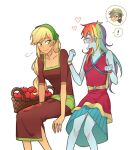  ! 2girls apple apple_print applejack applejack_(equestria_girls) aqua_skirt arm_support bandana basket blonde_hair blue_skin blush breasts brown_dress character_request cleavage clenched_hands closed_eyes closed_mouth collarbone colored_skin commentary daring_do_(my_little_pony) dcon_34 dress facing_another feet_out_of_frame food food_print freckles fruit fruit_print green_bandana green_eyes green_sash hands_up heart invisible_chair large_breasts long_hair low-tied_long_hair medium_dress multicolored_hair multicolored_wristband multiple_girls my_little_pony my_little_pony:_equestria_girls my_little_pony:_friendship_is_magic open_mouth pleated_skirt print_dress rainbow_dash rainbow_dash_(equestria_girls) rainbow_hair raised_inner_eyebrows red_dress sash short_sleeves sideways_glance simple_background sitting skirt sleeveless sleeveless_dress smile speech_bubble spoken_character spoken_exclamation_mark very_long_hair white_background wristband 