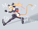  1girl animal_ears black_boots black_bow black_leotard blonde_hair blue_eyes boots bow breasts cat_ears cat_girl cat_tail commentary_request hair_bow leotard long_hair looking_at_viewer medium_breasts necktie open_mouth original os-tan personification ponytail red_necktie sato_(esuplusesu) smile solo tail tiger-tan 