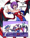  4girls absurdres animal_ears animal_hands animal_print ass bat_print bat_wings blue_hair blue_pantyhose blue_skin breasts bridal_gauntlets cat_ears cat_girl cat_paws cat_tail clothing_cutout colored_skin covered_navel darkstalkers demon_girl diamond_cutout english_text felicia_(darkstalkers) flipped_hair green_hair hair_between_eyes hat head_wings heart_cutout highleg highleg_leotard highres hsien-ko jiangshi jrpulse jurassic_world large_breasts leotard lilith_(darkstalkers) long_hair meme morrigan_aensland multiple_girls off-shoulder_leotard open_mouth pantyhose prattkeeping_(meme) print_pantyhose purple_hair purple_pantyhose purple_wings qingdai_guanmao red_eyes red_leotard short_hair small_breasts tail thighs white_fur wings 
