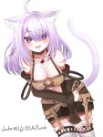  1girl :3 ahoge animal_ear_fluff animal_ears artist_name belt bent_over bra breasts brown_belt brown_bra brown_collar brown_garter_straps brown_shirt brown_sleeves cat_ears cat_girl cat_tail check_clothing cleavage clothing_request collar commentary_request cosplay cowboy_shot crossed_bangs double-parted_bangs dutch_angle fangs fiora_(xenoblade) fiora_(xenoblade)_(cosplay) garter_straps highres hololive large_breasts light_blush looking_at_viewer medium_hair miniskirt multiple_belts nekomata_okayu open_mouth purple_eyes purple_hair shirt skirt smile sparkling_eyes tail thighhighs uji10ukifune underwear virtual_youtuber white_thighhighs xenoblade_chronicles_(series) xenoblade_chronicles_1 zettai_ryouiki 