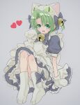  1girl animal_hat apron bell cat_hat dejiko di_gi_charat full_body green_eyes green_hair grey_background hair_bell hair_ornament ham_hpmi hat highres jingle_bell looking_at_viewer mittens open_mouth puffy_short_sleeves puffy_sleeves short_hair short_sleeves simple_background sitting solo white_apron white_mittens 