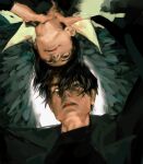  2boys black_coat black_eyes black_hair black_sclera black_shirt black_wings coat colored_sclera double-parted_bangs feathered_wings from_below glowing glowing_eye hair_between_eyes heterochromia highres kim_dokja looking_at_another macaronijail multiple_boys omniscient_reader&#039;s_viewpoint open_mouth popped_collar shirt short_hair strangling white_coat wings yoo_joonghyuk 