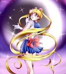  bishoujo_senshi_sailor_moon blonde_hair blue_eyes blush boots bow character_name crescent crescent_moon earrings elbow_gloves gloves gradient gradient_background hair_ornament highres jewelry long_hair looking_at_viewer magical_girl miniskirt moon pose purple_background red_boots sailor_collar sailor_moon sailor_senshi skirt smile solo star tsuki_ni_kawatte_oshioki_yo twintails yomitrooper 