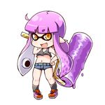  ahoge breasts chibi crop_top denim denim_shorts domino_mask fang inkling jinnouchi_akira mask midriff monster_girl navel paint_roller pointy_ears purple_hair shoes short_shorts shorts small_breasts sneakers splatoon_(series) splatoon_1 tank_top tentacle_hair underboob yellow_eyes 