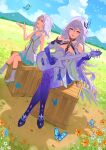  1girl absurdres acoustic_guitar afureru_colors aged_down bare_shoulders blue_sky box bug butterfly choker cloud commentary crossed_bangs crossed_legs detached_sleeves dress dutch_angle english_commentary genshin_impact grass guitar hair_between_eyes highres instrument long_hair music open_mouth outdoors playing_guitar playing_instrument purple_hair purple_thighhighs red_eyes skirk_(genshin_impact) sky thighhighs white_choker 