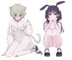  2girls absurdres ahoge animal_ears antenna_hair bandaid bandaid_on_leg bare_shoulders black_shoes blush breasts cat_ears cat_girl cat_tail choker closed_mouth commentary ear_piercing embarrassed green_choker green_eyes green_hair hair_between_eyes hair_ornament hand_on_ground hand_up hands_on_own_face hands_up heart heart_hair_ornament highres kneeling kumo_tabetai long_hair looking_at_viewer looking_down medium_hair multiple_girls open_clothes open_mouth open_shirt original panties pantyshot piercing pink_choker playboy_bunny purple_eyes purple_hair rabbit_ears shirt shoes simple_background small_breasts socks squatting suzu_(kumo_tabetai) tail two_side_up underwear white_background white_shirt white_socks 