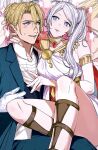  1boy 1girl alternate_costume alternate_hairstyle amikoiiko armlet blonde_hair blue_eyes blue_jacket blue_pants blue_vest blush_stickers breasts butler choker_jewel collarbone collared_shirt commentary dancer dancer_(fire_emblem:_three_houses) dimitri_alexandre_blaiddyd dress edelgard_von_hresvelg eye_contact facing_to_the_side figure_four_sitting fire_emblem fire_emblem:_three_houses gem girl_on_top gladiator_sandals gloves greco-roman_clothes hair_between_eyes hand_on_another&#039;s_neck highres horizontal-striped_clothes jacket jewelry lapels long_hair long_sleeves looking_at_another medium_breasts nail_polish notched_lapels official_alternate_costume official_alternate_hairstyle pants pink_nails pink_star pleated_pants purple_eyes red_gemstone rubbing sandals sash shirt showgirl_skirt single-shoulder_dress single_shoulder_pad single_strap sitting sitting_on_lap sitting_on_person star_(symbol) star_symbol_background suit_jacket sweatdrop symbol-only_commentary teeth upper_teeth_only vest waist_sash waistcoat white_gloves white_shirt zoom_layer 