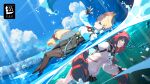  2girls absurdres alice_thymefield animal_ears black_gloves black_pantyhose black_skirt blonde_hair blue_sky breasts cardigan dutch_angle fingerless_gloves fish gloves green_eyes hand_up highres in_water key_visual long_hair medium_breasts multiple_girls ocean official_art orange_eyes pantyhose pink_cardigan promotional_art red_hair shirt skirt sky sphere_hair_ornament ukinami_yuzuha underwater water waves wet white_shirt yellow_eyes zenless_zone_zero 