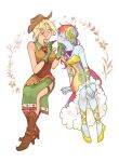  2girls apple_print applejack applejack_(equestria_girls) applying_lipstick applying_makeup arm_support armpit_crease arms_at_sides between_breasts blonde_hair blue_skin blush boots braid breasts brown_boots brown_hat brown_shirt cleavage closed_eyes collared_shirt colored_skin commentary cosmetics cowboy_boots cowboy_hat dcon_34 dress earrings facing_another food_print freckles fruit_print full_body gloves green_gloves green_skirt hair_ornament hand_on_another&#039;s_face hand_on_own_knee hands_up hat high_heel_boots high_heels highres holding holding_lipstick_tube invisible_chair jewelry large_breasts leaf_hair_ornament lipstick_tube long_hair looking_at_another low-tied_long_hair multicolored_dress multicolored_hair multiple_girls my_little_pony my_little_pony:_equestria_girls my_little_pony:_friendship_is_magic necklace parted_lips personification rainbow_dash rainbow_dash_(equestria_girls) rainbow_dress rainbow_hair raised_eyebrows shirt shoes side_slit simple_background single_braid sitting skirt sleeveless sleeveless_shirt strapless strapless_dress thigh_strap white_background yellow_shoes yuri 