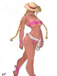  1girl absurdres bare_shoulders belt bikini blonde_hair bracelet braid breasts cammy_white front-tie_bikini_top front-tie_top hat highres jewelry juggler_(sun_juggler) long_hair low_twin_braids medium_breasts official_alternate_costume pink_bikini pouch sandals side-tie_bikini_bottom simple_background solo strapless strapless_bikini straw_hat street_fighter street_fighter_6 swimsuit tan tanlines thigh_pouch thigh_strap toned toned_female twin_braids very_long_hair white_background white_belt 