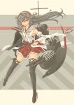  1girl absurdres black_boots blush boots brown_eyes commentary_request dazzle_paint detached_sleeves double-parted_bangs floating_hair frilled_skirt frills full_body grey_background grey_hair hair_between_eyes hair_ornament hairband hairclip haruna_(kancolle) highres kantai_collection long_hair looking_at_viewer mast nontraditional_miko parallel_hairclips partial_commentary pleated_skirt pot-de red_skirt ribbon-trimmed_sleeves ribbon_trim rigging ship_turret sidelocks signature skirt smile smokestack solo thigh_boots thighs twitter_username very_long_hair white_sleeves wide_sleeves yellow_background yellow_hairband 