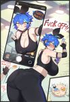  anger_vein angry ass ass_smack bare_shoulders black_bow black_bra black_choker black_gloves black_pants blue_hair blush bow bra breasts cellphone cellphone_photo choker cleavage collarbone dif_(difman) difman dust_cloud english_text fighting fingerless_gloves fishnet_gloves fishnets gloves gym hair_bow happy highres huge_breasts indoors leaning_forward looking_back midriff multicolored_hair multiple_girls orange_hair original panties_visible_through_clothes pants phone selfie sharp_teeth short_hair skin_tight slapping smile spanked spanking speech_bubble sports_bra streaked_hair sweat teeth thick_thighs thighs underwear yellow_eyes yoga_pants 