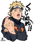  1boy blonde_hair blue_eyes forehead_protector highres jacket konohagakure_symbol long_sleeves looking_at_viewer male_focus naruto_(series) naruto_shippuuden ninja open_mouth orange_jacket short_hair simple_background solo spiked_hair upper_body uzumaki_naruto white_background zifletts 