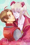  2boys aqua_background armor azbar_(dragon_quest) blonde_hair blue_eyes blush brown_eyes brown_hair cape chainmail collarbone colored_eyelashes colored_skin commentary_request couple demon_boy dragon_quest dragon_quest_x hero_(dq10) horns hug long_hair looking_at_another looking_at_viewer male_focus multiple_boys parted_hair pointy_ears purple_skin red_cape red_horns red_tunic short_hair tunic upper_body yaoi yoshi56 
