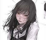  1girl aegyo_sal art_program_in_frame black_dress black_hair black_ribbon chainsaw_man collared_shirt commentary_request cross_scar dress light_smile lips long_sleeves looking_at_viewer mano_aaa medium_hair mitaka_asa neck_ribbon orange_eyes parted_lips pinafore_dress portrait ribbon scar scar_on_cheek scar_on_face scar_on_nose shirt sleeveless sleeveless_dress solo unfinished white_shirt 