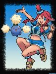  1girl 2024_pokemon_teraleak ;d absurdres alternate_color artist_name blue_eyes blue_shorts crop_top english_commentary full_body highres honduran_flag honduras jumpluff midriff navel official_alternate_costume one_eye_closed open_mouth pokemon pokemon_(creature) pokemon_masters_ex poltartgeist red_hair short_hair_with_long_locks short_shorts shorts sidelocks skyla_(pokemon) skyla_(summer_2025)_(pokemon) smile teeth upper_teeth_only 