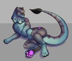  2015 ambiguous_gender blue_scales digitigrade dragon feral frill gravity_(character) grey_background grey_scales head_frill looking_away lying on_side pawpads paws pink_eyes plain_background purple_scales scalie solo the_secret_cave 