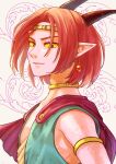  1boy aqua_robe armlet black_eyes black_horns cape choker circlet colored_eyelashes colored_sclera colored_skin commentary_request dragon_boy dragon_quest dragon_quest_x earrings floating_hair gem gold_armlet gold_choker gold_circlet grey_background highres horns jewelry light_smile looking_down male_focus monster_boy multicolored_robe parted_hair phoebe_nemo pointy_ears purple_cape purple_scales purple_skin red_gemstone red_hair robe short_hair slit_pupils solo sphere_earrings tobias_(dq10) upper_body white_robe yellow_sclera 