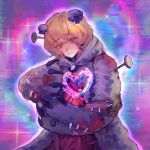  09gugugu 1boy animal_ears bear_claws bear_ears blonde_hair coat crying crying_with_eyes_open e.g.o_(project_moon) grey_coat hex_nail_(e.g.o) highres limbus_company long_sleeves looking_at_viewer male_focus nail_(hardware) paw_sleeves project_moon purple_background short_hair sinclair_(project_moon) solo sparkle standing string tears upper_body yellow_eyes 