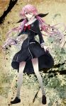  1girl black_shoes bow breasts chaos;child chest_bow clenched_teeth collarbone cry-planet dress dress_vest full_body hair_bow hair_over_one_eye hair_ribbon hekiho_academy hekiho_academy_school_uniform highres holding jacket loafers long_hair long_sleeves looking_to_the_side minamisawa_senri multiple_hair_bows parted_lips pink_hair red_eyes ribbon school_uniform serious shoes skirt small_breasts socks solo standing sumo_sticker_(chaos;child) teeth twintails very_long_hair white_socks 