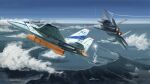  absurdres ace_combat aircraft airplane blue_sky cloud commentary_request contrail crater f-15_eagle fighter_jet flying high_up highres horizon kudryavka_trop military military_vehicle no_humans ocean original scenery shore signature sky tower vehicle_focus 