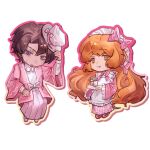  09gugugu 1boy 1girl alternate_costume apron bow brown_hair chibi cup freckles full_body hair_bow haori hat heathcliff_(project_moon) highres holding holding_cup ishmael_(project_moon) japanese_clothes kimono limbus_company long_hair long_sleeves looking_at_viewer maid_apron maid_headdress open_mouth orange_eyes orange_hair pink_bow pink_haori pink_kimono project_moon purple_eyes scar shirt short_hair simple_background standing very_long_hair white_apron white_background white_hat white_shirt 